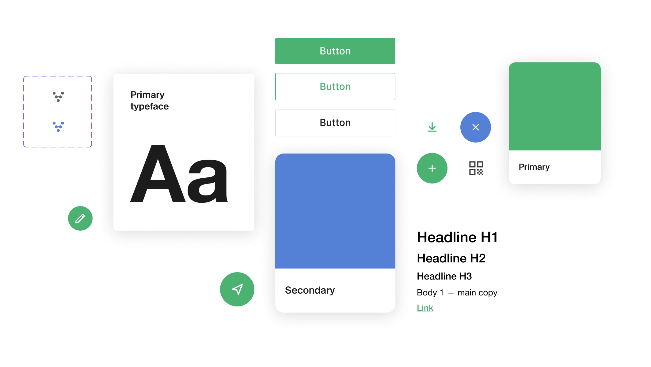 A-TWIN design system: primary typeface, color swatches, buttons, and icons